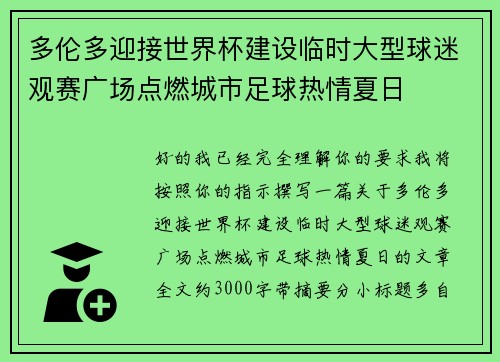 多伦多迎接世界杯建设临时大型球迷观赛广场点燃城市足球热情夏日