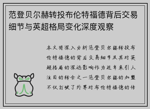 范登贝尔赫转投布伦特福德背后交易细节与英超格局变化深度观察